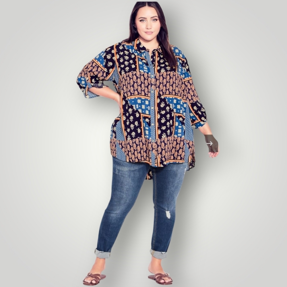 Evans Womens Tunic Island Breeze Patchwork Top 26/28 Boho Viscose Blouse New